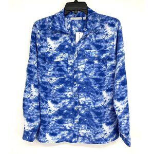 Notations Top Blue Tie Dye Button Down Roll Tab Sleeve NWT